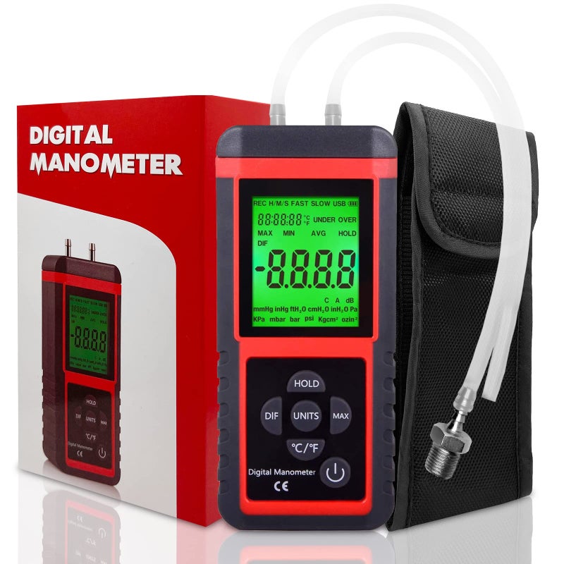 EHDIS Manometer, Professional Air Pressure Meter, Dual-Port HVAC Digital Manometers Gas Pressure Tester Differential Gauge - Image 1